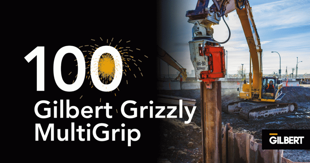 Gilbert is extremely proud to to have conquered the construction industry with the selling of a 100th Gilbert Grizzly Multi-Grip Pile Driver!