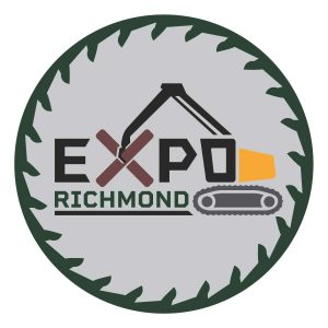 Logo for Expo Richmond, a trade show. The logo features a stylized green circular saw blade, an illustration of a tracked loader, and the text "EXPO RICHMOND" with a stylized X representing tree trunks.